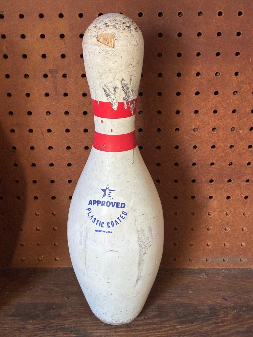 Vintage Plastic Coated Bowling Pin with Red Stripes - 15 in Height